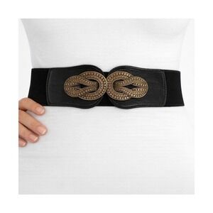 ModCloth Womens Black Elastic Cinch Belt Brass Interlocking Buckle New RN138432